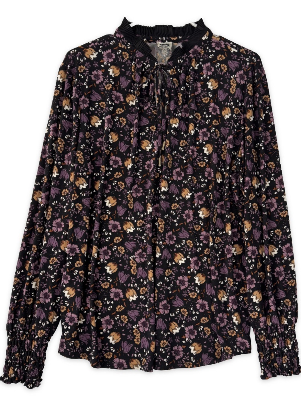 Anne Klein Blouse Womens XL Purple Tan Floral On Black Long Sleeve Stretch